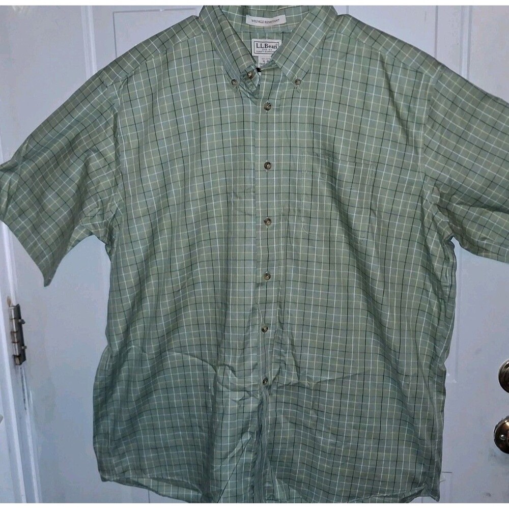 LL Bean Mens XL Regular Green Plaid Short Sleeve Shirt Wrinkle Resistant Cotton